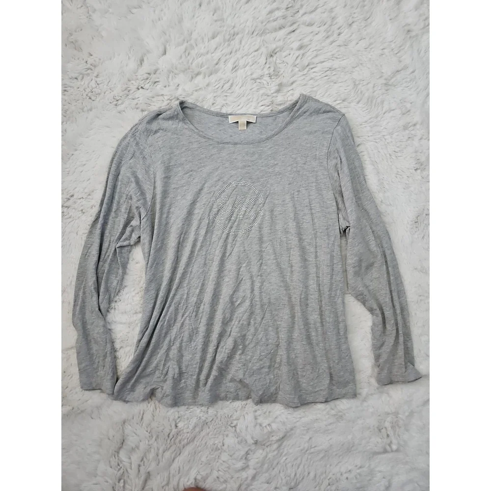 Michael Kors Gray Crystal MK Studded‎ Logo Long Sleeve Shirt 2X